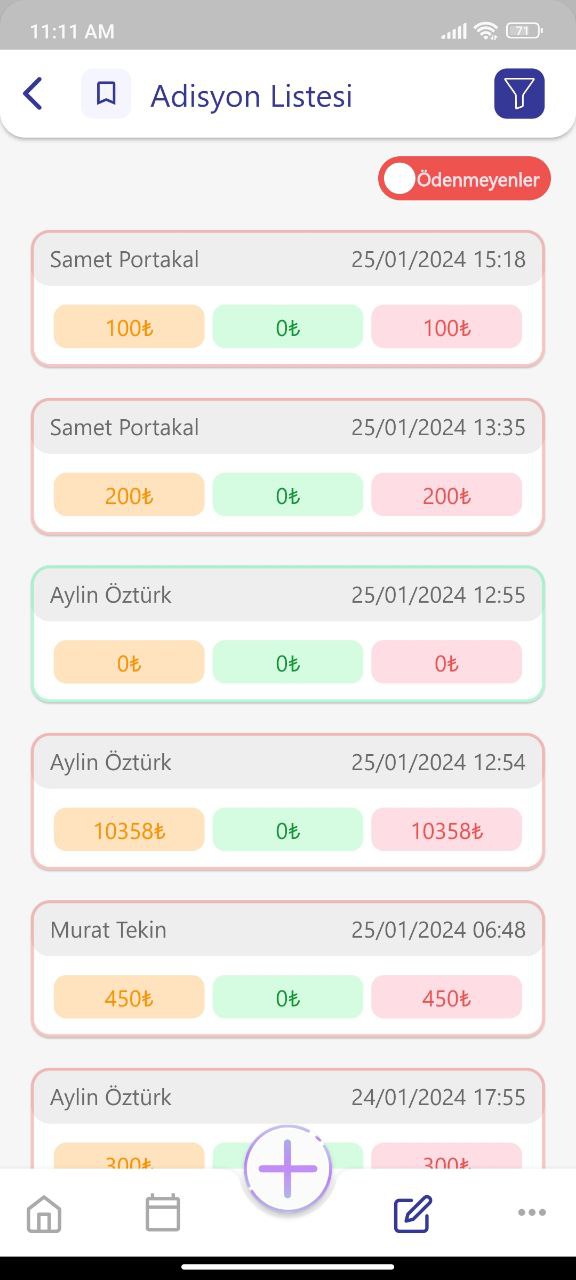 Tüm adisyonları listeleyen sayfa bölümü